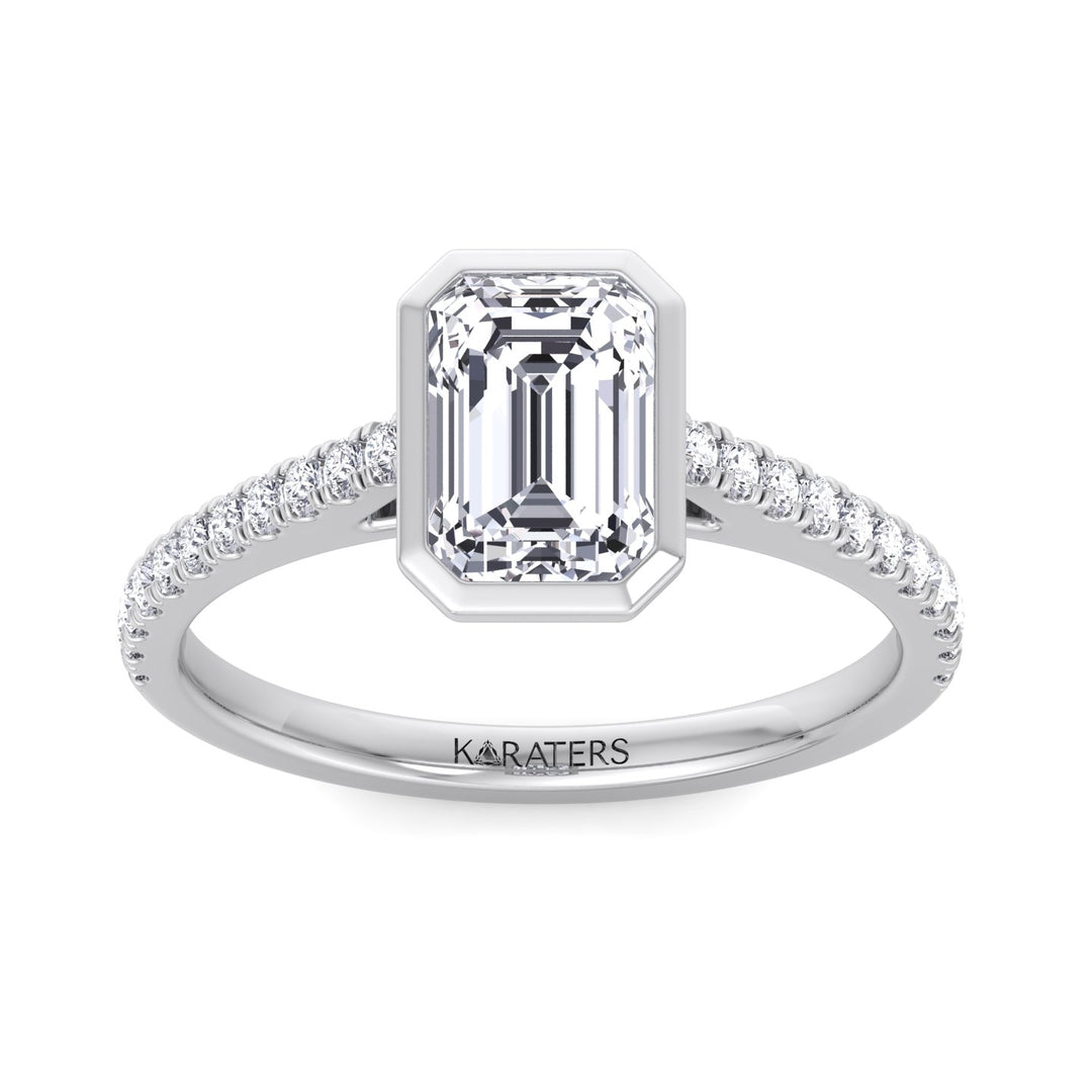Emerald Cut Bezel Set Lab Grown Diamond Engagement Ring with Cathedral Style Pave Band