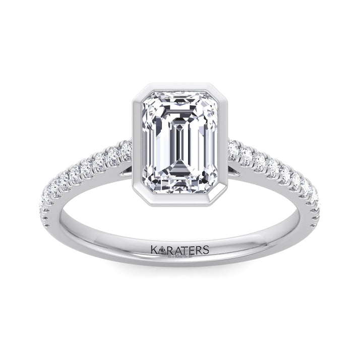Emerald Cut Bezel Set Lab Grown Diamond Engagement Ring with Cathedral Style Pave Band