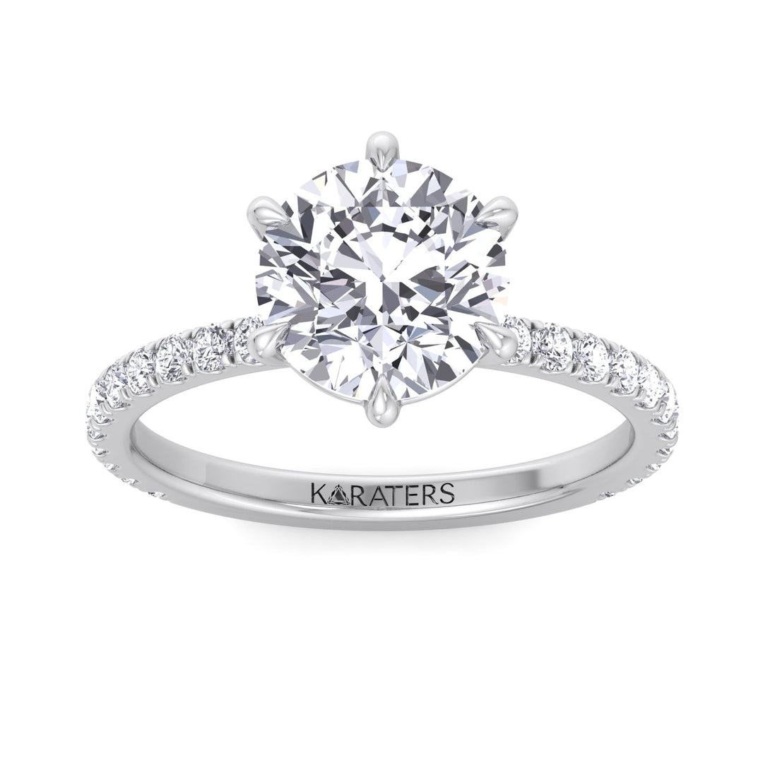 Six Prong Round Cut Lab Grown Diamond Engagement Ring With Pave Band