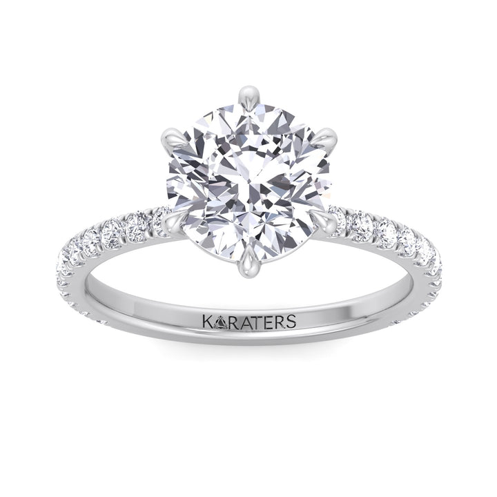Six Prong Round Cut Lab Grown Diamond Engagement Ring With Pave Band