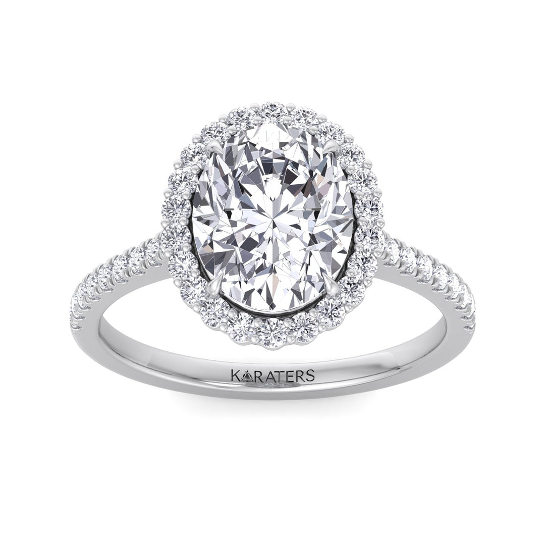 Oval Cut Lab Grown Diamond Engagement Ring With Scalloped Halo & Pave Band