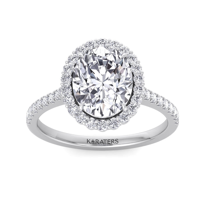 Oval Cut Lab Grown Diamond Engagement Ring With Scalloped Halo & Pave Band