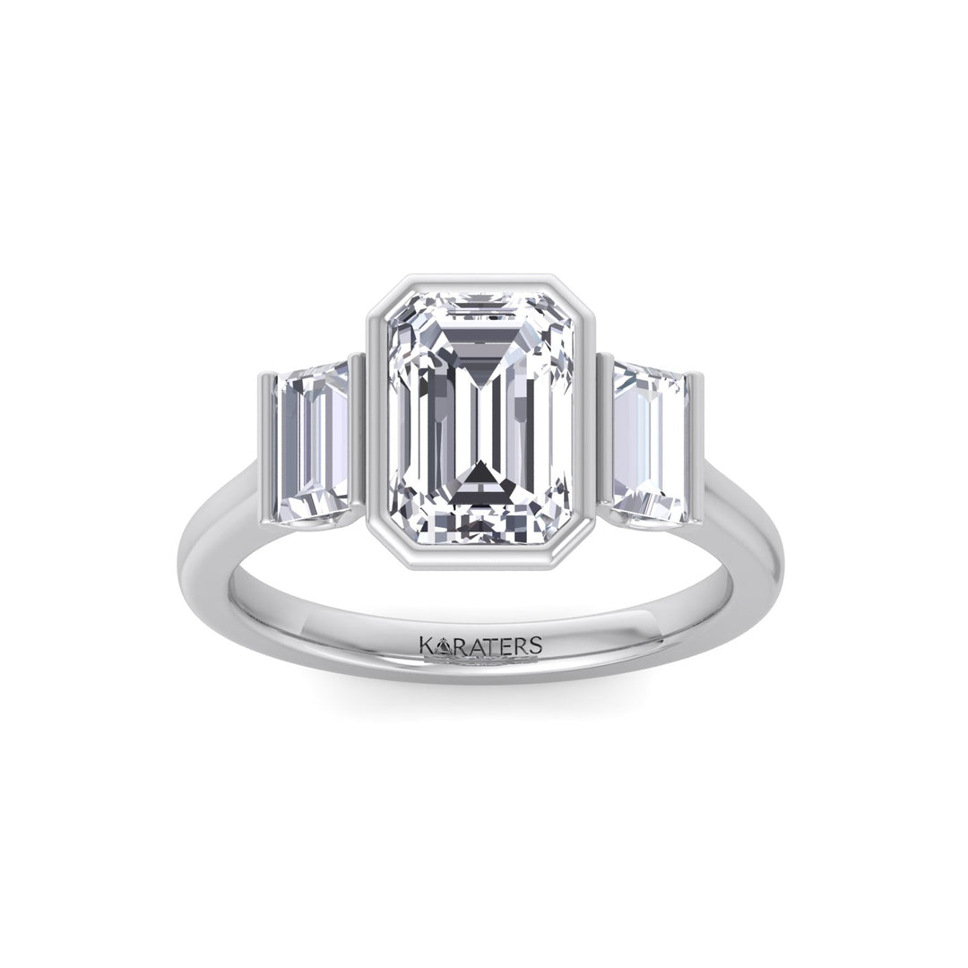 Three Stone Emerald Shape Lab Grow Diamond Engagement Ring White Gold 14K 18K
