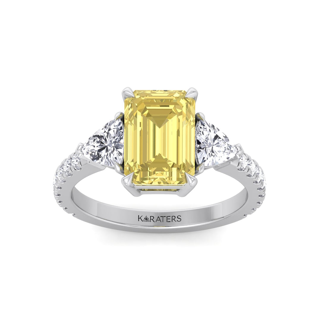 Fancy Yellow Emerald Shape Lab-Grown Diamond Engagement Ring with Trillion and Pave Sidestones