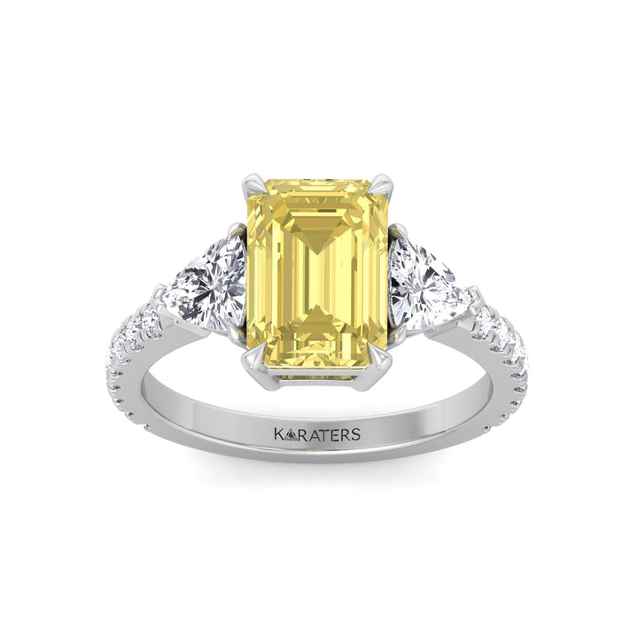 Fancy Yellow Emerald Shape Lab-Grown Diamond Engagement Ring with Trillion and Pave Sidestones