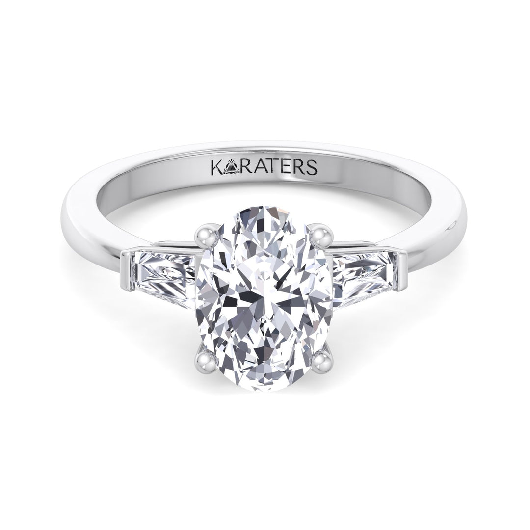 Oval Cut Lab Grown Diamond Engagement Ring with Tapered Baguette Side Stones