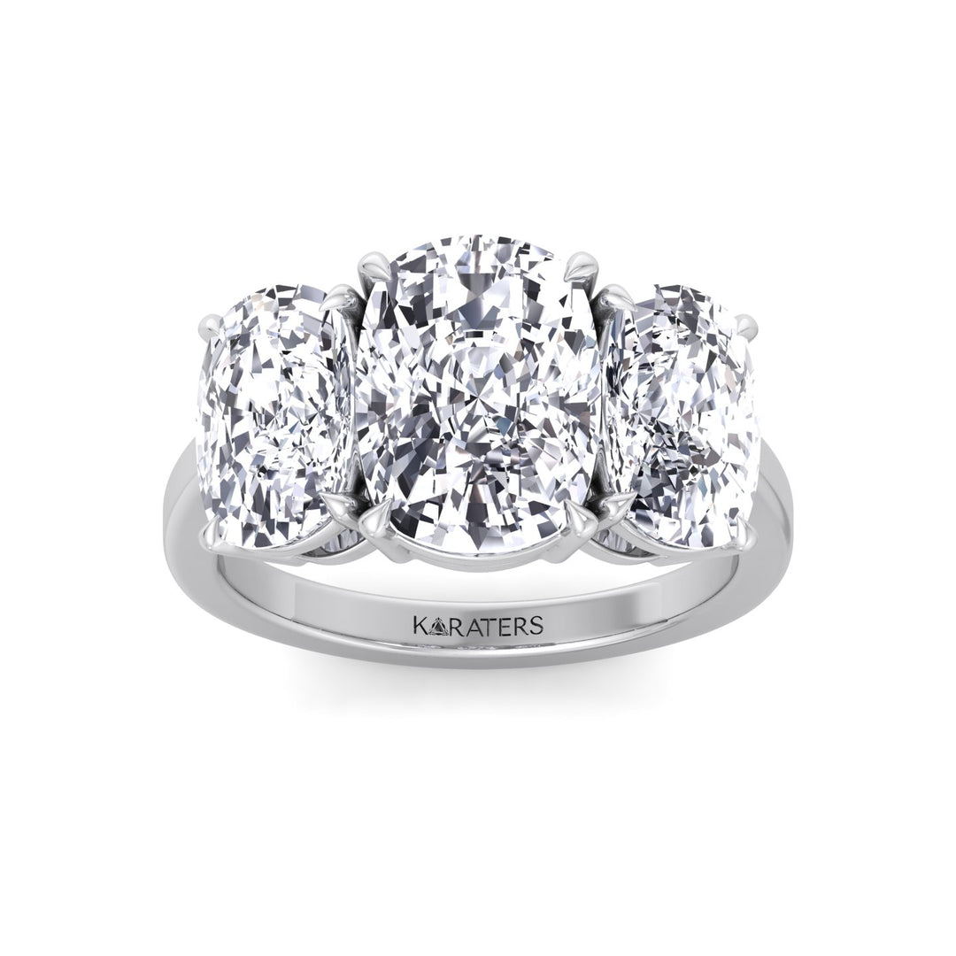 3 Stone Elongated Cushion Cut Lab Grown Diamond Engagement Ring White Gold 14K 18K