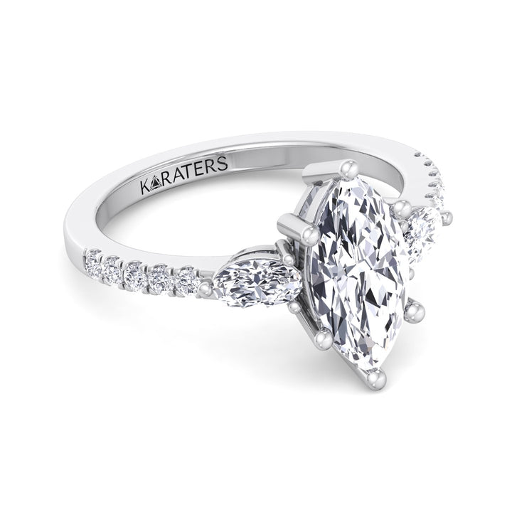 Marquise Cut Lab Grown Diamond Engagement Ring With Oval & Pave SideStones