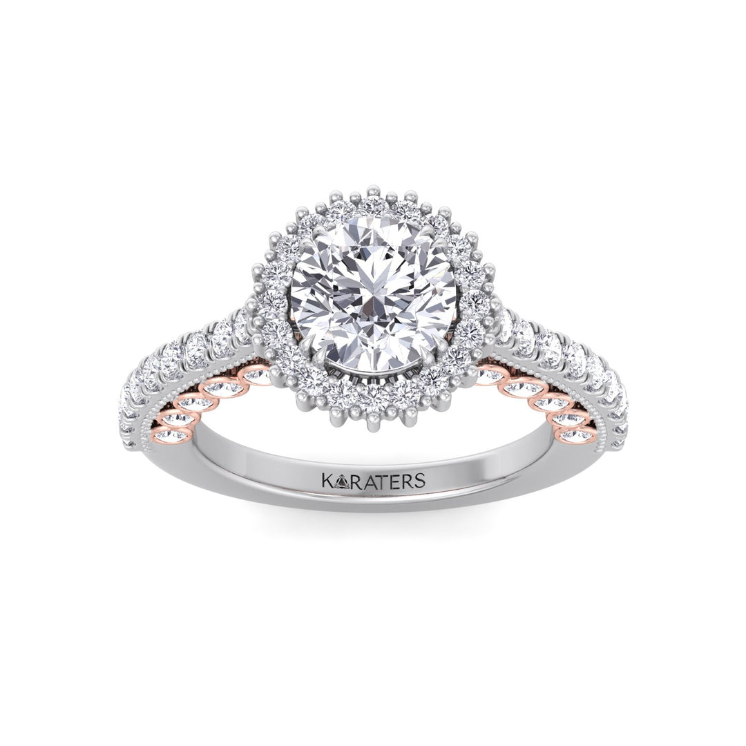 Round Cut Lab Grown Diamond Engagement Ring with Round Cut Halo and Milligrain in Two-Toned Band