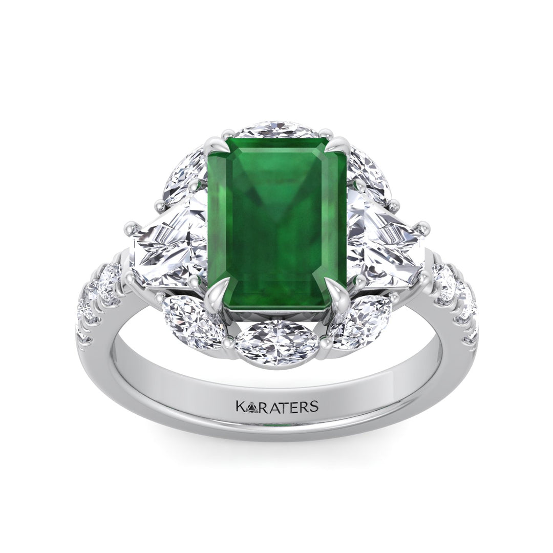 WG Green Emerald Lab Grown Diamond with Multiple Side Stone Engagement Ring top view