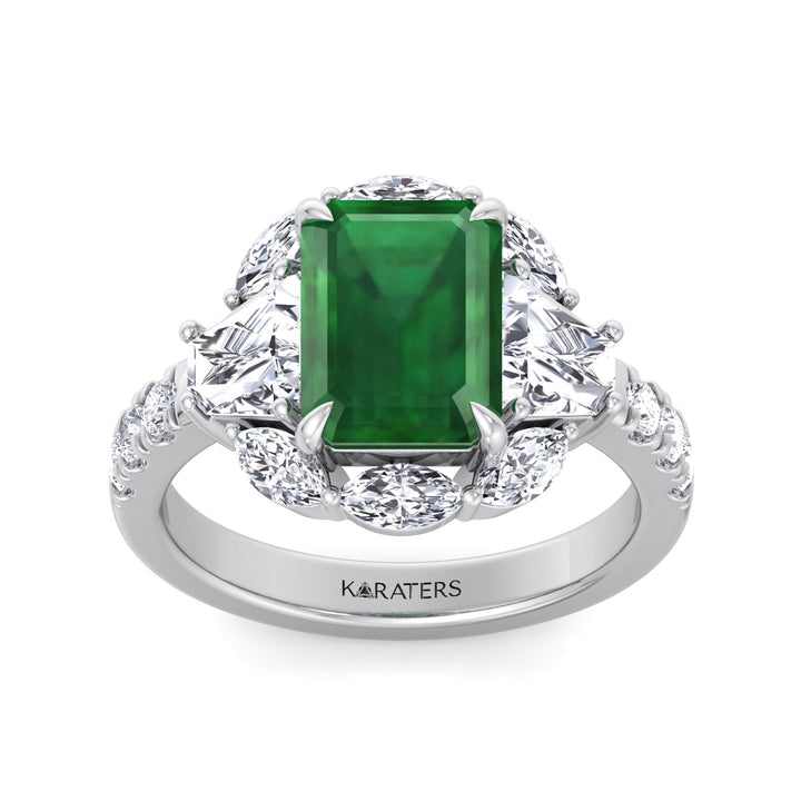 WG Green Emerald Lab Grown Diamond with Multiple Side Stone Engagement Ring top view