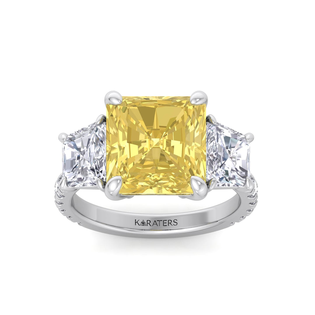 Fancy Yellow Radiant Cut Lab-Grown Diamond Engagement Ring with Pave Sidestones White Gold 14K 18K