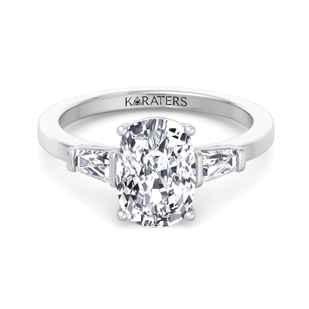 Elongated Cushion Cut Lab Grown Diamond Engagement Ring with Tapered Baguette Sidestones