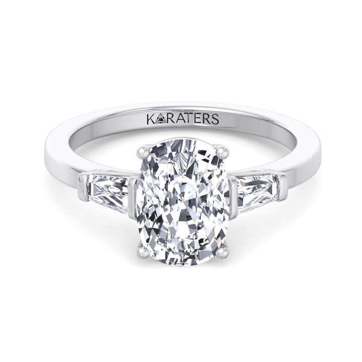 Elongated Cushion Cut Lab Grown Diamond Engagement Ring with Tapered Baguette Sidestones