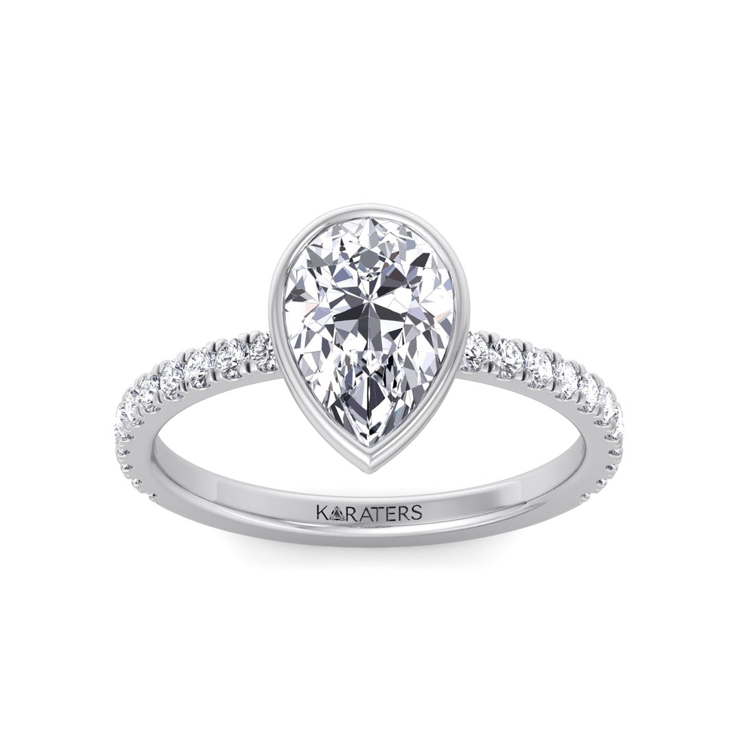 Bezel Set Pear Shape Lab Grown Diamond Engagement Ring With Pave Band White Gold 14K 18K