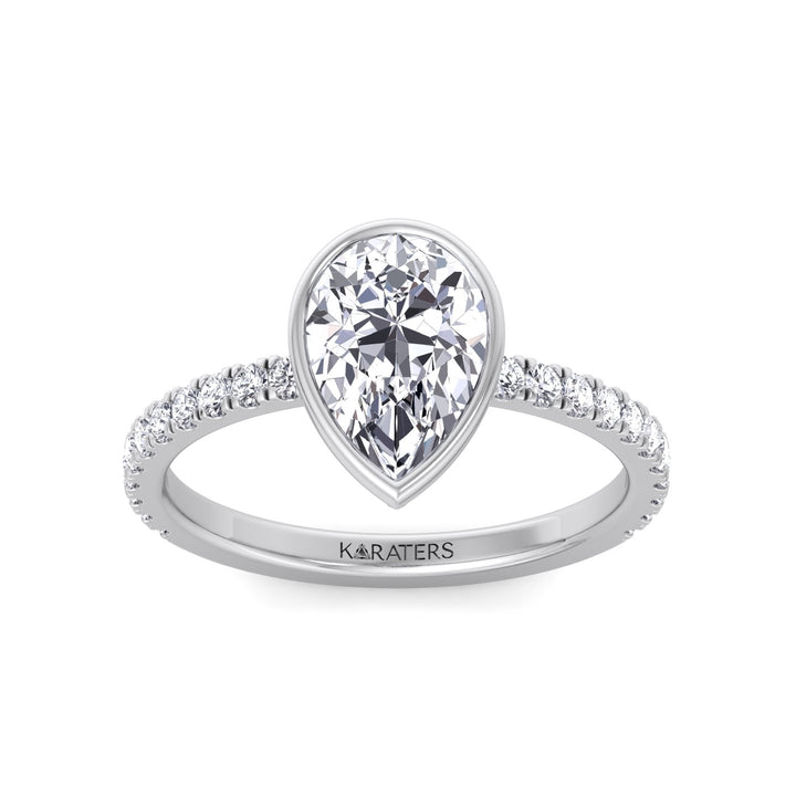 Bezel Set Pear Shape Lab Grown Diamond Engagement Ring With Pave Band White Gold 14K 18K
