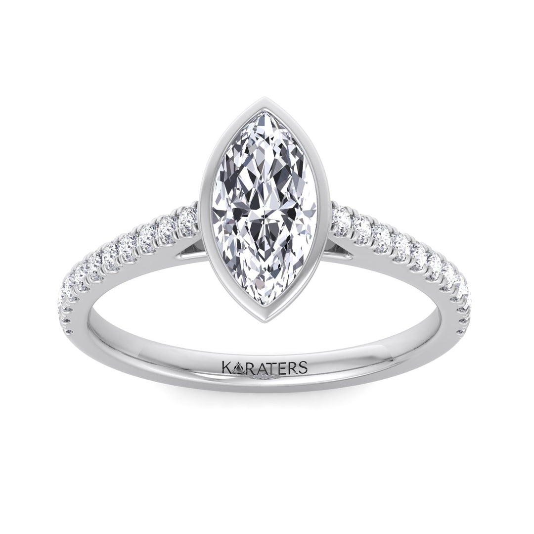 Bezel Set Marquise Shape Lab Grown Diamond Engagement Ring With Cathedral Style Pave Band