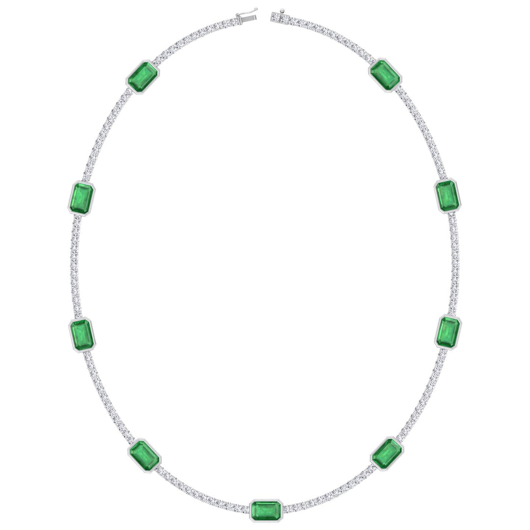 Lab Grown Emerald and Diamond Tennis Necklace White Gold 