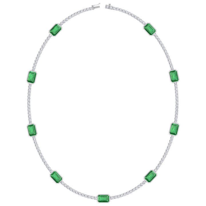 Lab Grown Emerald and Diamond Tennis Necklace White Gold 
