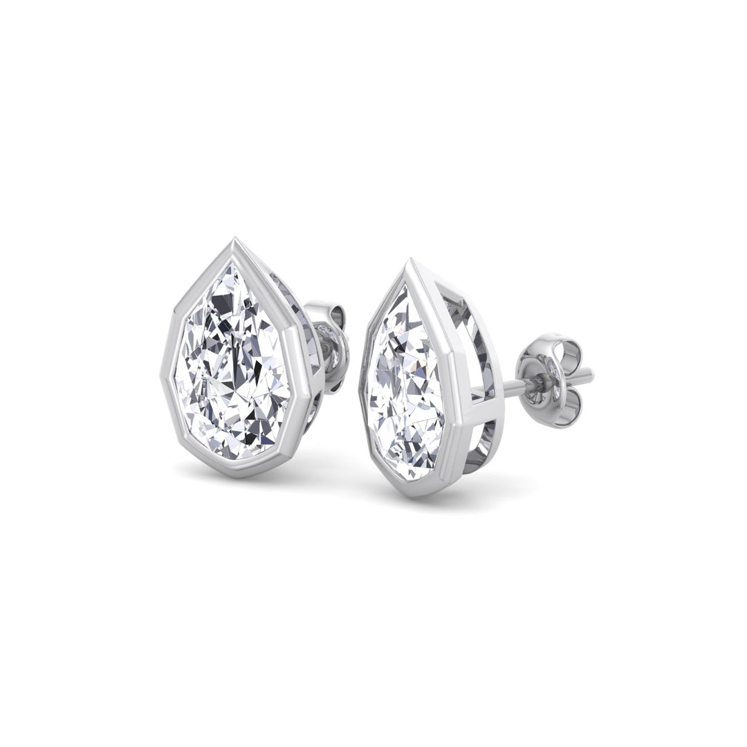 WG Pear-Shaped Lab Grown Diamond Studs in a Geometric-Style Bezel Setting left side view