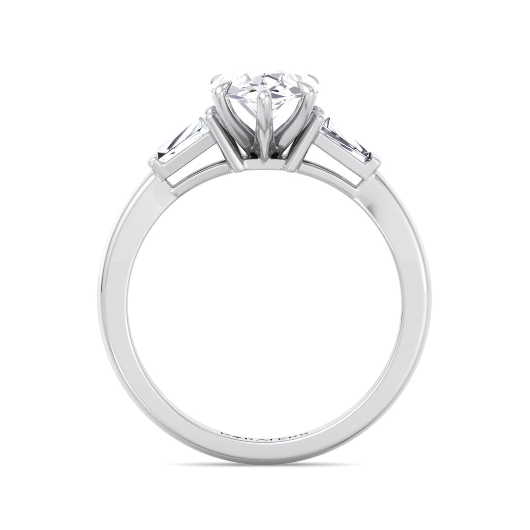 Pear Shaped Cut Lab Grown Diamond Solitaire Engagement Ring with Tapered Baguette SideStones