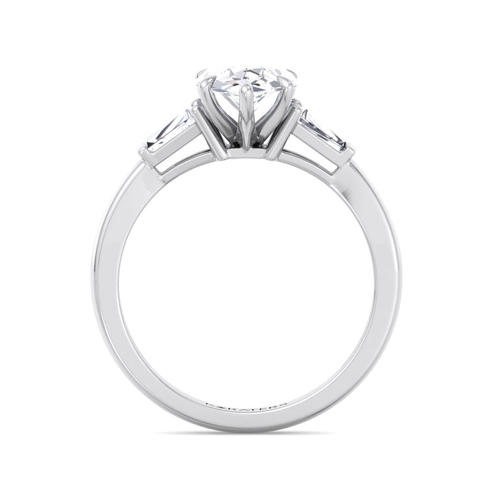 Pear Shaped Cut Lab Grown Diamond Solitaire Engagement Ring with Tapered Baguette SideStones