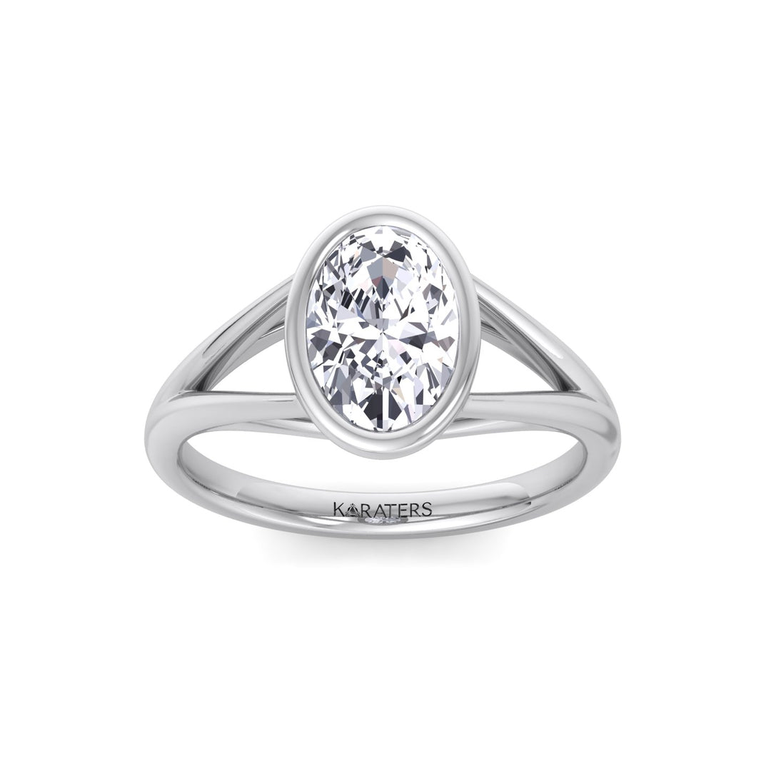 Bezel Set Oval Shape Lab-Grown Diamond Split Shank Engagement Ring White Gold 14K 18K