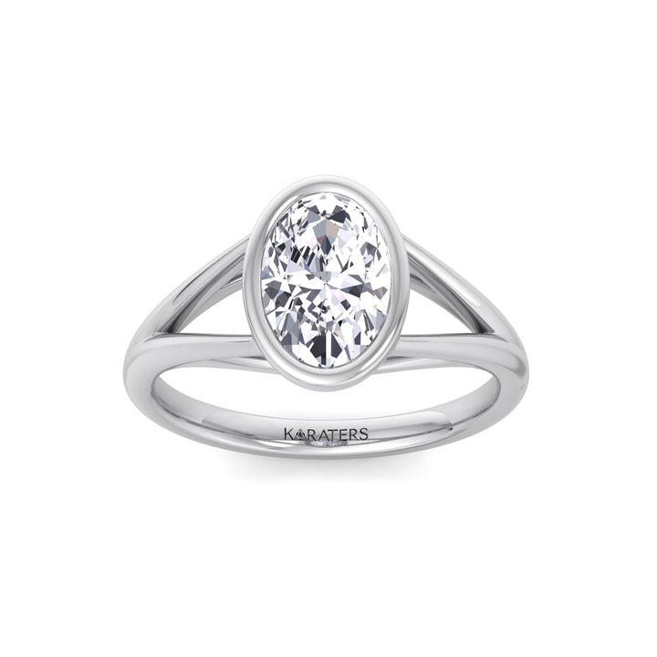 Bezel Set Oval Shape Lab-Grown Diamond Split Shank Engagement Ring White Gold 14K 18K