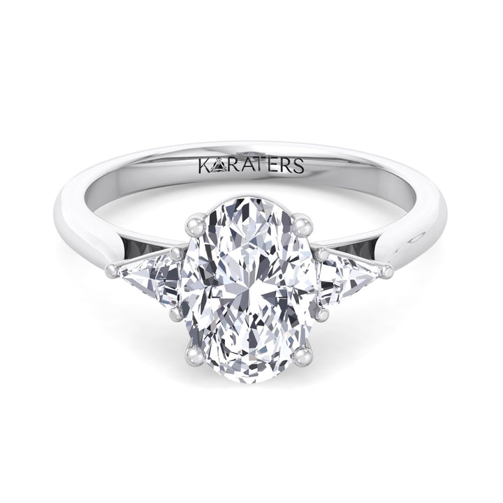 Oval Cut Lab Grown Diamond Engagement Ring with Trillion Side Stones