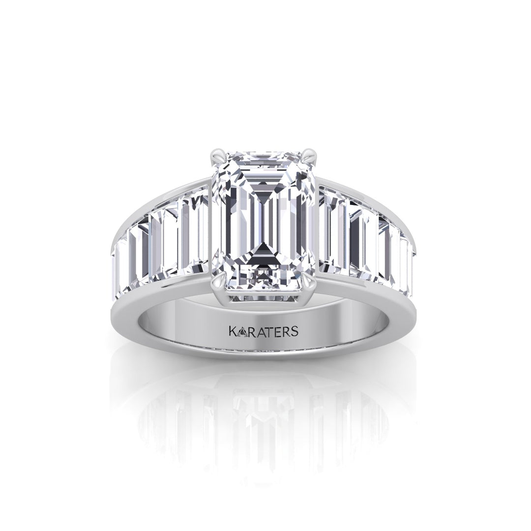 Emerald Shape Lab Grown Diamond Engagement Ring with Graduated Tapered Emerald Sidetones White Gold 14K 18K