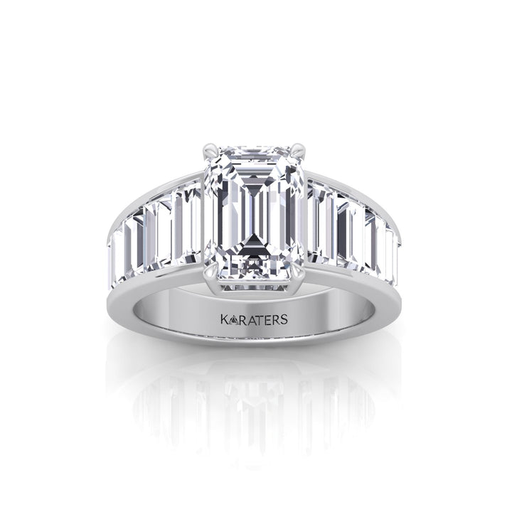 Emerald Shape Lab Grown Diamond Engagement Ring with Graduated Tapered Emerald Sidetones White Gold 14K 18K