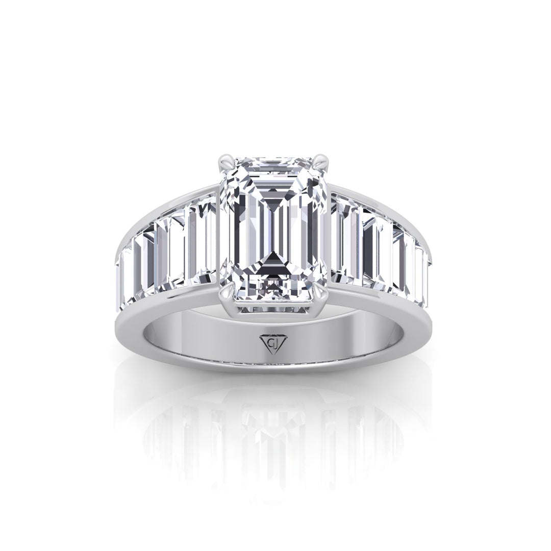 Emerald Shape Lab Grown Diamond Engagement Ring with Graduated Tapered Emerald Sidetones White Gold 14K 18K