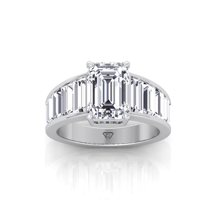 Emerald Shape Lab Grown Diamond Engagement Ring with Graduated Tapered Emerald Sidetones White Gold 14K 18K