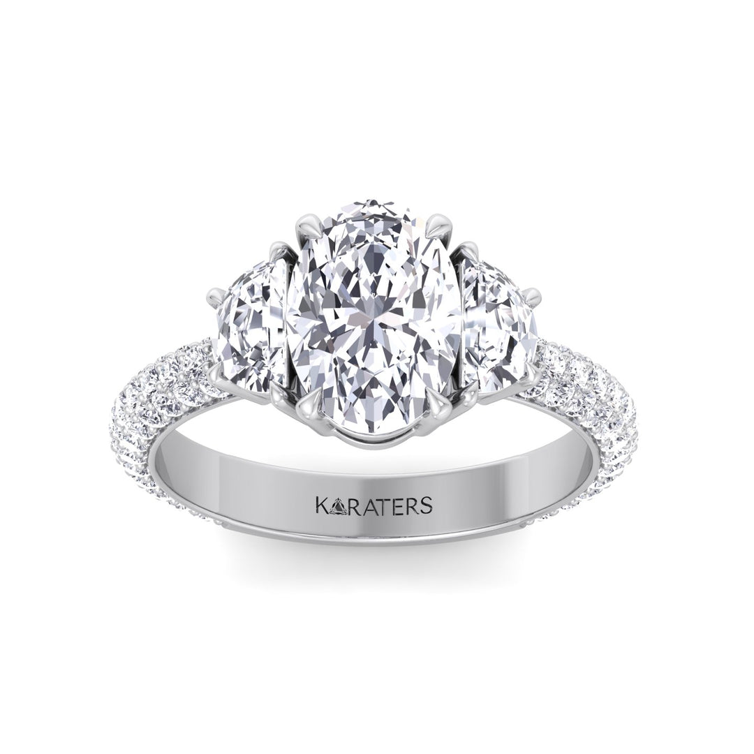 Oval and Half Moon Shape Three Stone Lab Grown Diamond Engagement Ring with Pave Band White Gold 14K 18K