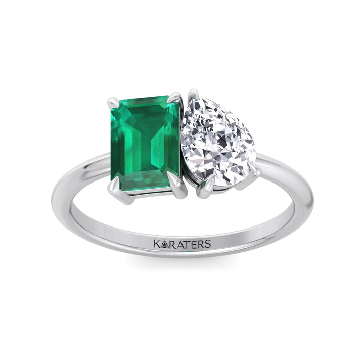 Toi et Moi Green Emerald & Pear Shape Lab Grown Diamond Engagement Ring