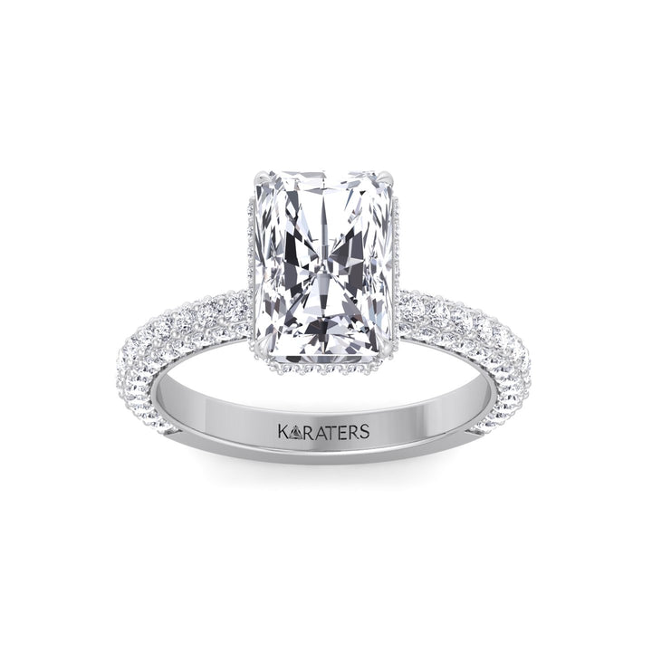 Thick Pave Radiant Cut Hidden Halo Lab Grown Diamond Engagement Ring White Gold 14K 18K