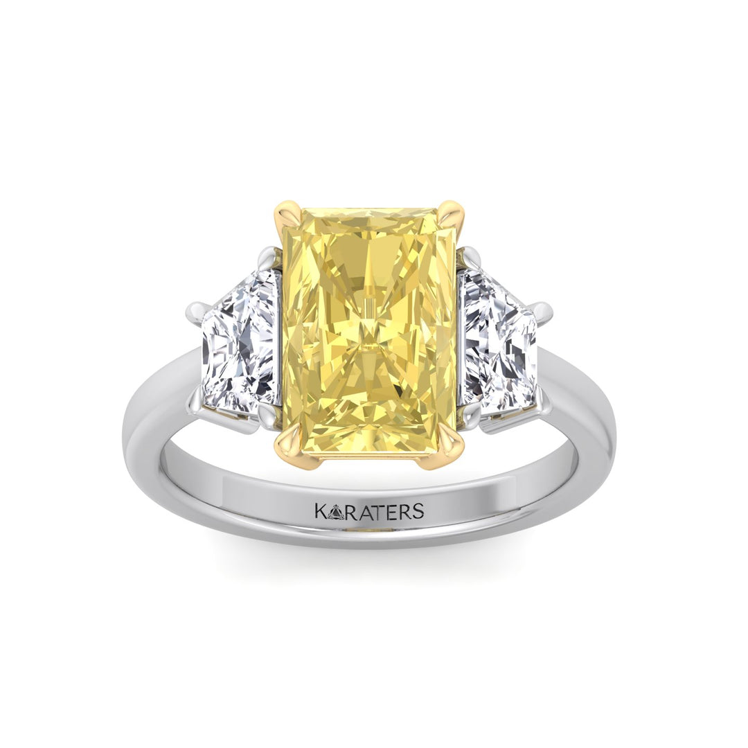 Fancy Yellow Radiant & Trapezoid Three Stone Lab-Diamond Engagement Ring White Gold 14K 18K