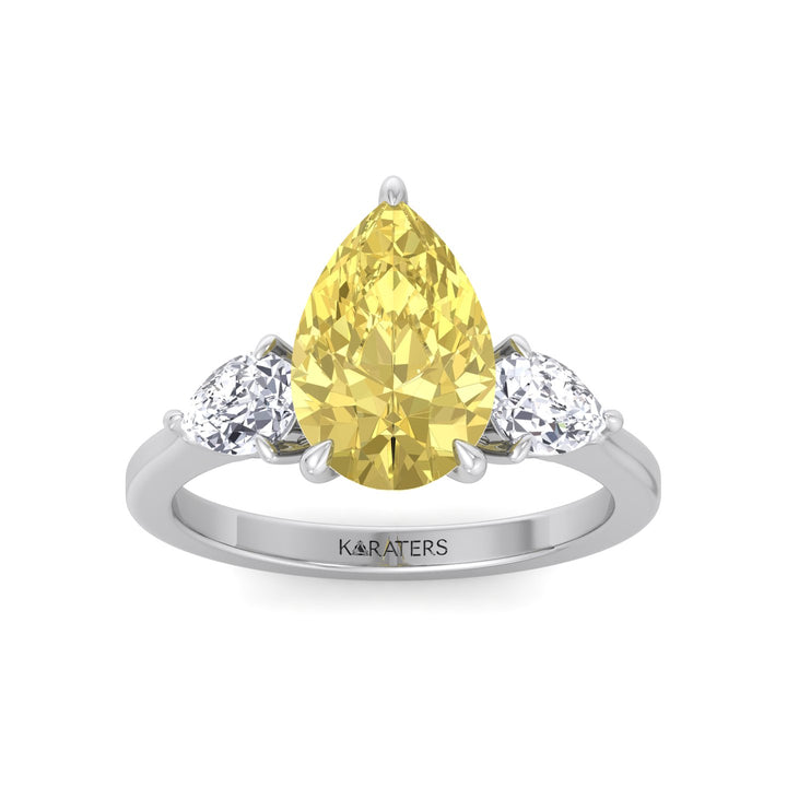 Fancy Yellow Pear Shape Lab Grown Diamond Engagement Ring with Pear Sidestones White Gold 14K 18K