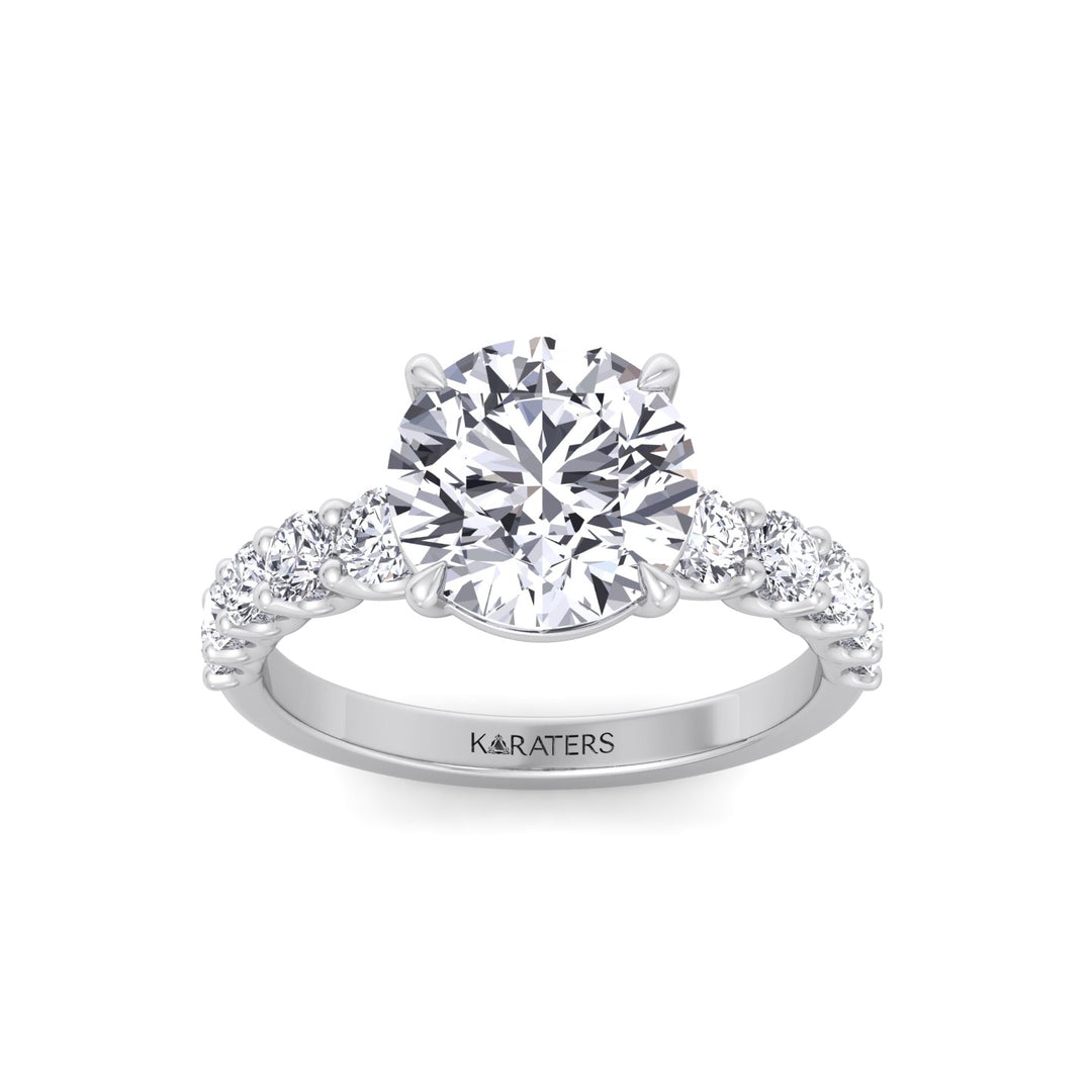 Round Shape Lab Grown Diamond Engagement Ring with Graduated Sidestones White Gold 14K 18K