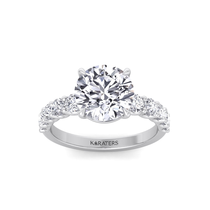 Round Shape Lab Grown Diamond Engagement Ring with Graduated Sidestones White Gold 14K 18K