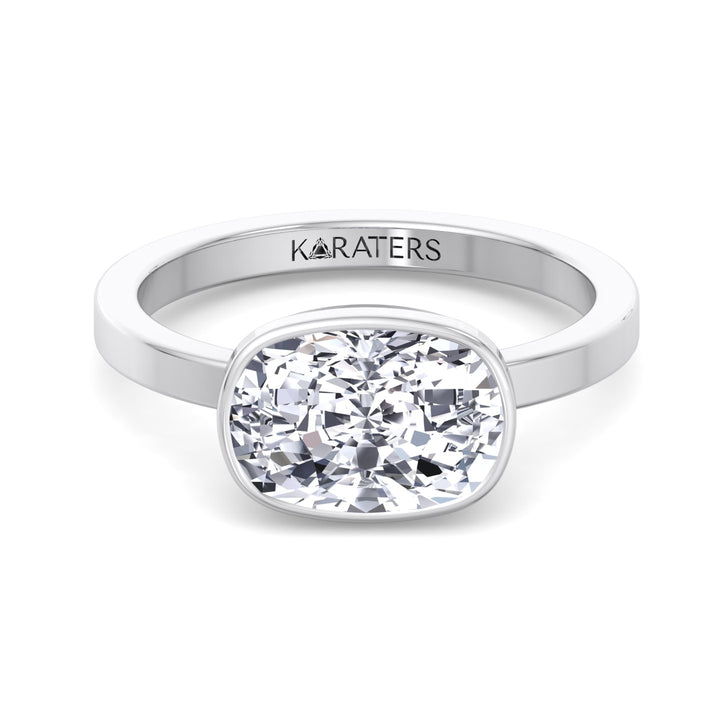 Elongated Cushion Cut East West Lab Grown Diamond Bezel Engagement Ring