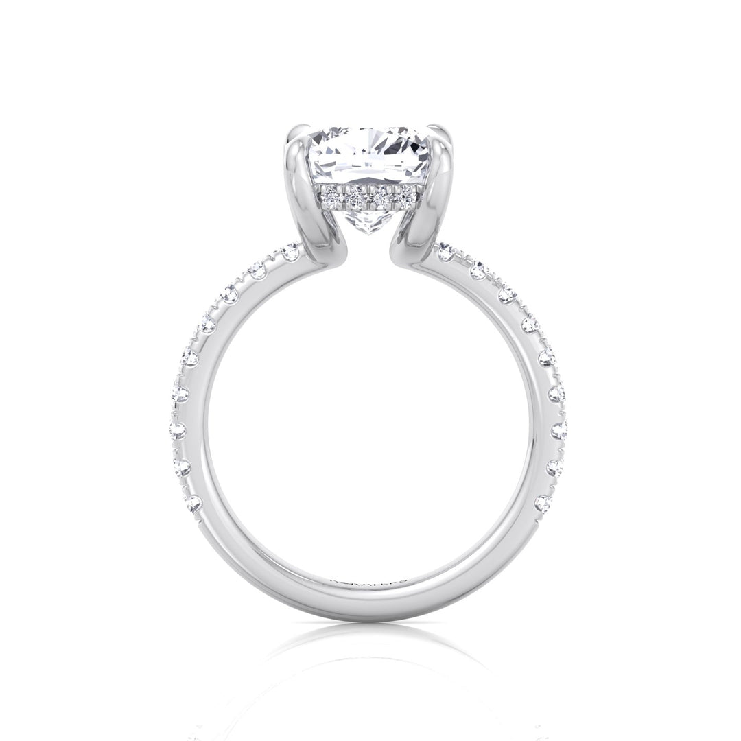 Cushion Cut Lab Grown Diamond Engagement Ring with Sidestones and Hidden Halo White Gold