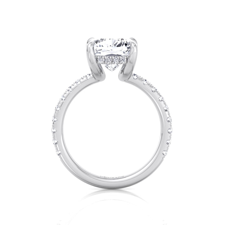 Cushion Cut Lab Grown Diamond Engagement Ring with Sidestones and Hidden Halo White Gold