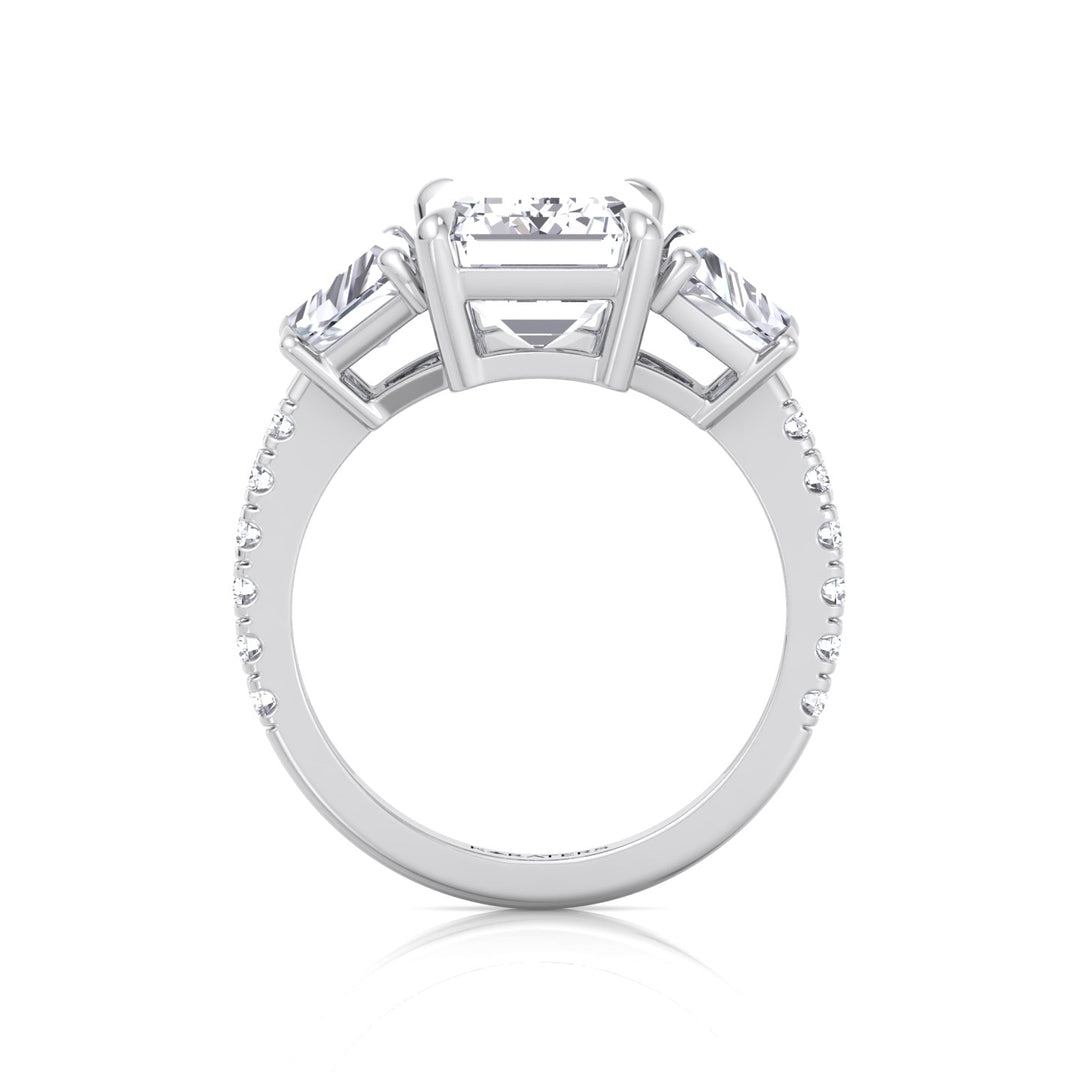 Emerald & Trapezoid Three Stone Lab-Grown Diamond Engagement Ring with Sidestones White Gold 