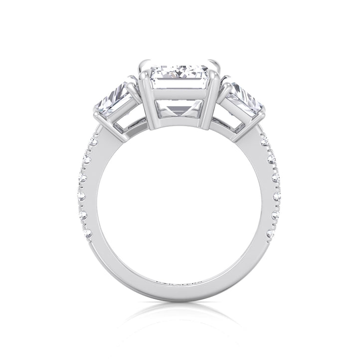 Emerald & Trapezoid Three Stone Lab-Grown Diamond Engagement Ring with Sidestones White Gold 