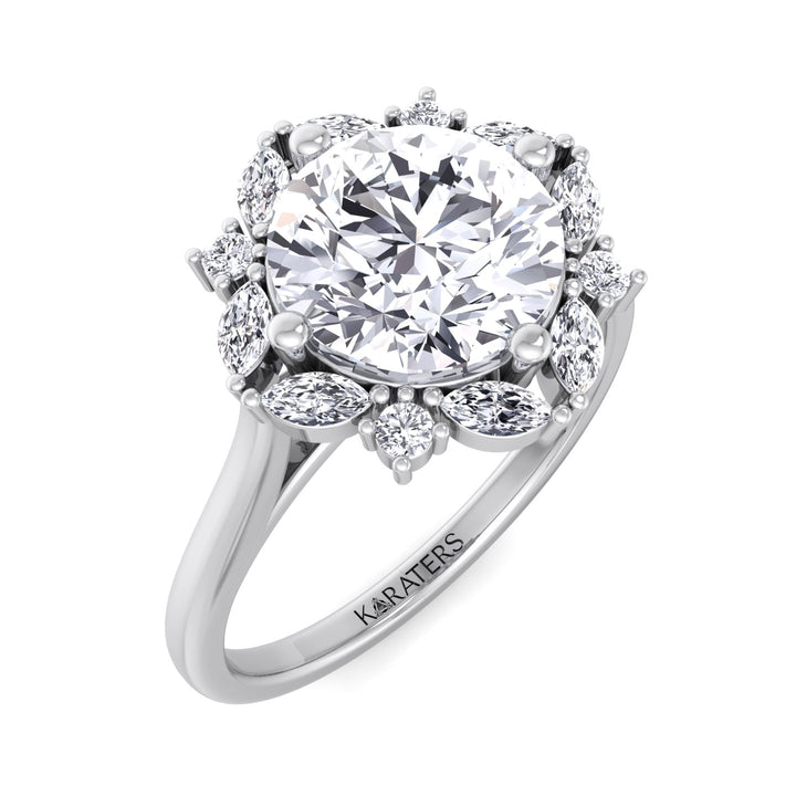 Round and Marquise Cut Solitaire Cluster Lab Grown Diamond Engagement Ring