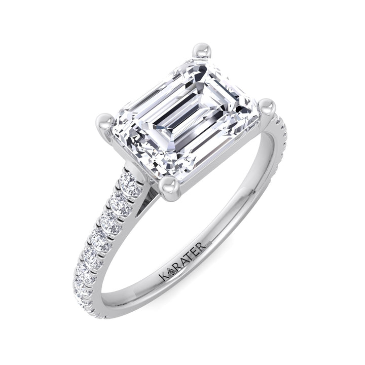 East To West Emerald Cut Lab Grown Diamond Engagement Ring With Side Stones