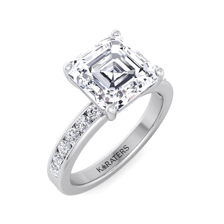 Asscher Cut Lab Grown Diamond Engagement Ring With Channel Set SideStones
