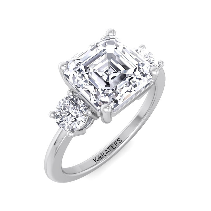Asscher Cut Solitaire Lab Grown Diamond Engagement Ring with Round SideStones