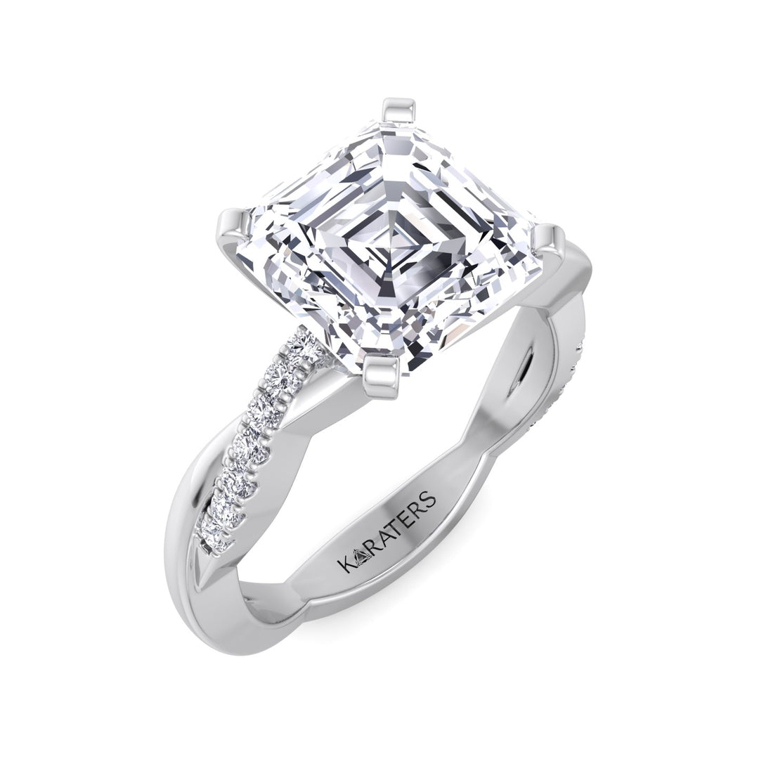 Asscher Cut Lab Grown Diamond Engagement Ring with Twist SideStone Band